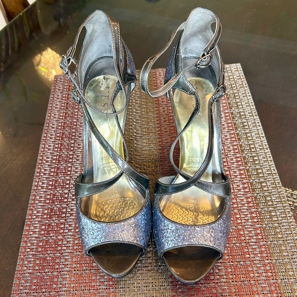 Guess Pewter Patent Leather & Glitter Stiletto Sandals- Foot & Ankle Straps S 10 - Picture 2 of 9